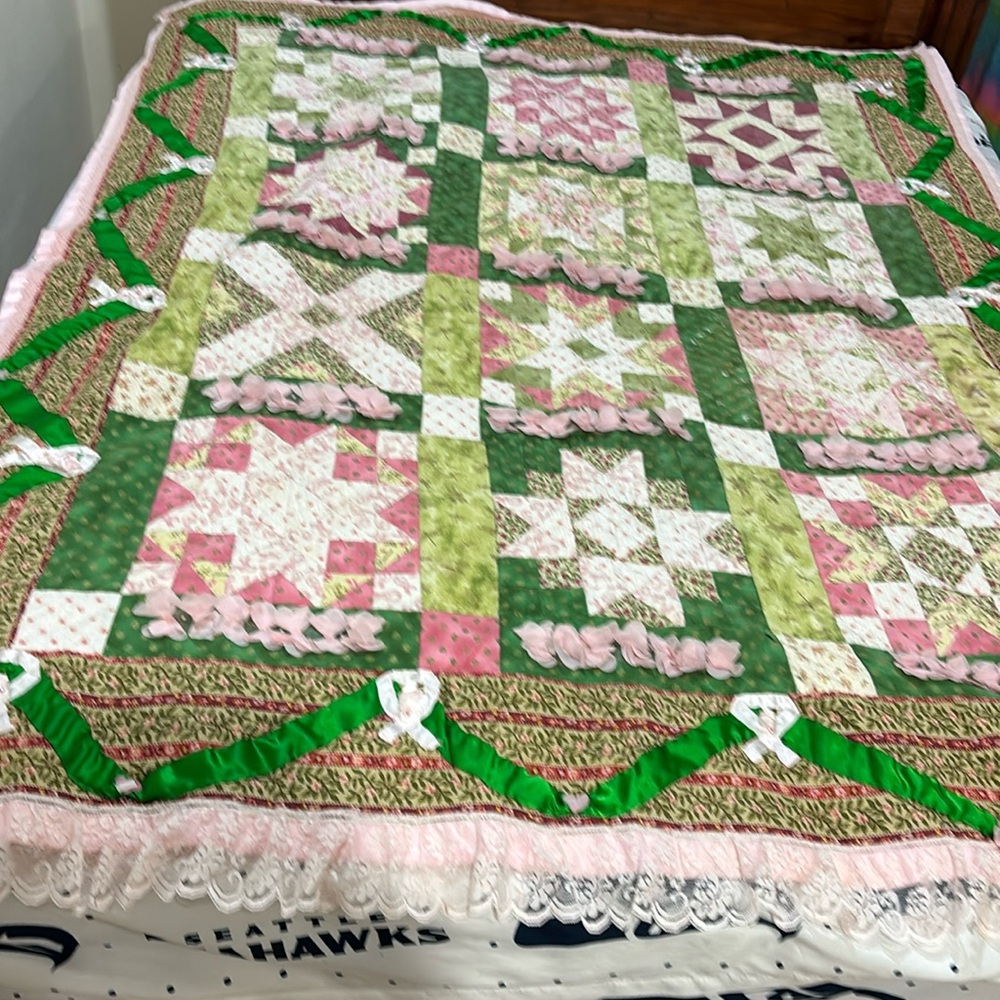 Breast cancer, quilt with satin trim, satin green ribbon, pink lace, crystals,